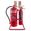 ultrafire double red fire extinguisher stand shown from the front with two extinguishers attached and labels above