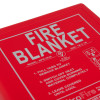 Closeup of the ultrafire fire blanket showing the red packaging with white text and instructions