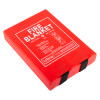 angled red case labelled ultrafire fire blanket with visible black pull straps and usage instructions