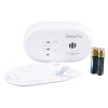 UltraFire carbon monoxide alarm with mounting accessories including a wall plate, screws, wall plugs, and two AA batteries, displayed alongside the device.