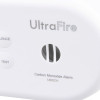 Close-up of the front of an UltraFire carbon monoxide alarm, showing the brand name, “SILENCE” and “TEST” buttons, and a vent-like sensor opening.