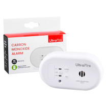 UltraFire carbon monoxide alarm with its retail packaging. The white alarm device features labelled buttons “SILENCE” and “TEST,” and indicator lights for “FAULT,” “ALARM,” and “POWER.”