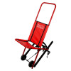 A red UltraFire Descender evacuation chair shown at an angle, featuring a seat back with branding, wheels, and black securing straps.