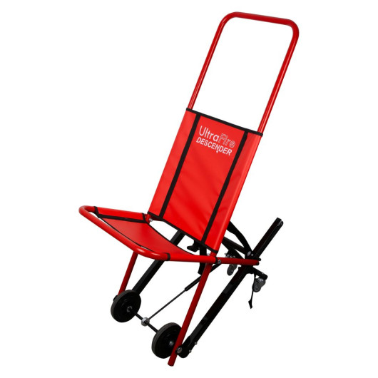 A red UltraFire Descender evacuation chair shown at an angle, featuring a seat back with branding, wheels, and black securing straps.