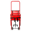 A red UltraFire Descender evacuation chair with a foldable frame, seat panel, wheels, and safety straps for assisted stair evacuation.
