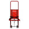 A red UltraFire Descender evacuation chair with wheels, a foldable frame, and safety straps designed for assisted stair descent.