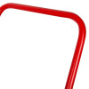 A close-up of a red tubular metal frame with rounded corners, likely part of a handle or structural component of equipment.