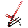 A red stair‑climbing hand truck with a long handle, fold-out platform, rotating wheel assembly, and stabilising support arms.