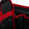Inside close up of the red and black fabric compartments of the ultrafire engineer servicing kit bag