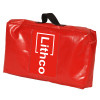 Red Lithco lithium ion pallet cover shown folded and stored inside a red bag with a black handle