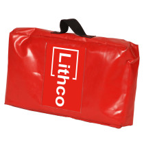Red Lithco lithium ion pallet cover shown folded and stored inside a red bag with a black handle
