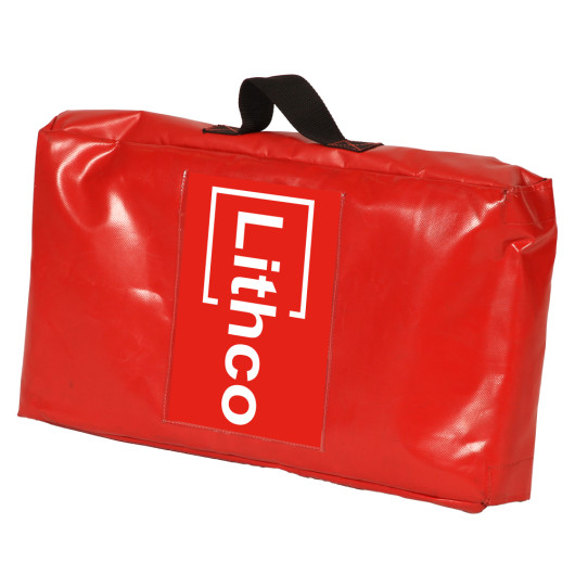 Red Lithco lithium ion pallet cover shown folded and stored inside a red bag with a black handle
