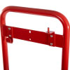 a close of the top of a double metal red fire extinguisher stand with a CO2 lug bracket and J-bracket