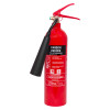 Front view of red Ultrafire 2kg CO2 extinguisher with black discharge horn and label visible