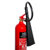 top view of ultrafire 5kg co2 extinguisher showing red cylinder with black hose and handle