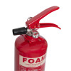 Ultrafire 2ltr foam fire extinguisher shown from a down left angle with red body and black nozzle
