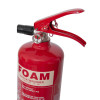 Red ultrafire 2ltr foam fire extinguisher shown from down right angle with pressure gauge and red handle visible