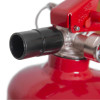 Closeup of the nozzle on an ultrafire 2ltr foam fire extinguisher showing red body and black nozzle end