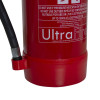 Close up of the bottom section of an ultrafire 6ltr foam fire extinguisher showing part of the label and hose connection