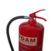 Close up view of the top part of an ultrafire 9ltr foam fire extinguisher showing the handle and hose connection