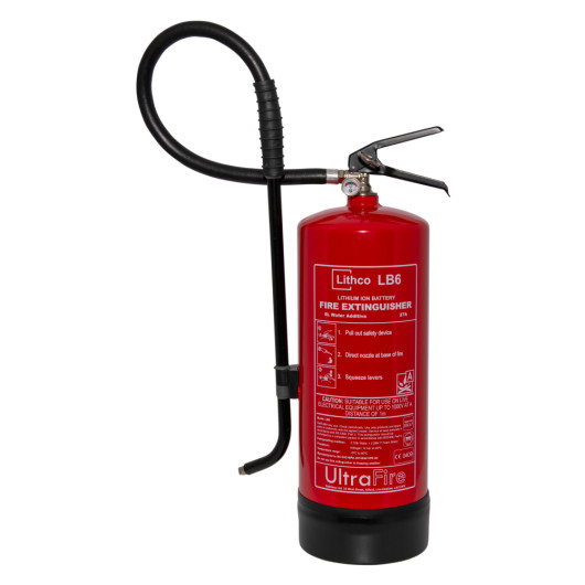 Front view of ultrafire lithco lb6 lithium ion fire extinguisher showing the red body and black hose handle