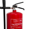 Close-up of the head and pressure gauge of the ultrafire lithco lb6 lithium ion fire extinguisher in red