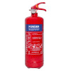 Front view of ultrafire 2kg powder extinguisher showing label and red body