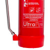 Red base and lower part of ultrafire 6l wet chemical extinguisher showing labels and metal handle attachment