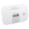 angled view of ultrafire 10yr digital carbon monoxide alarm showing screen and speaker grille on a white surface