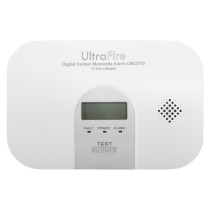 Front view of the ultrafire 10yr digital carbon monoxide alarm showing screen and control buttons