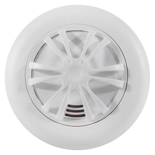 Front view of an ultrafire battery heat alarm showing its round white design and vent openings