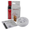 ultrafire radio interlinked battery powered heat alarm contents including the alarm device, instruction manual, screws, and two batteries