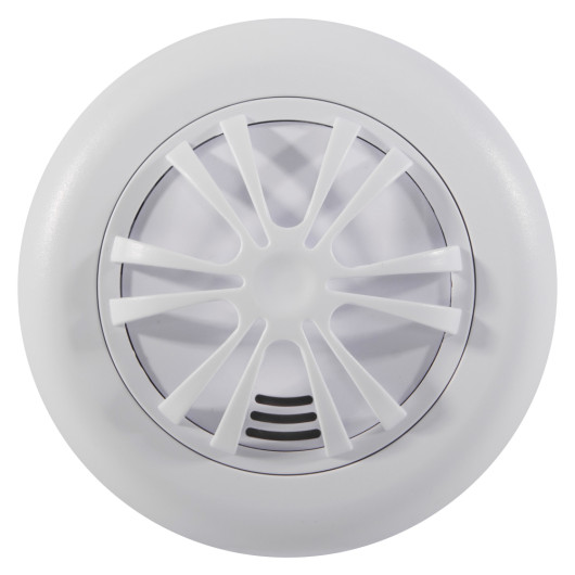 Front view of an ultrafire radio interlinked battery powered heat alarm showing the circular white design and vented centre