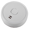 Angled view of an ultrafire battery optical smoke alarm showing its round shape and central button