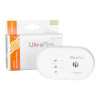 sealed 10 year carbon monoxide detector in its box shown next to the white alarm unit with buttons and labels