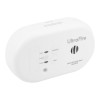Front top angle view of a sealed 10 year carbon monoxide detector showing buttons and branding