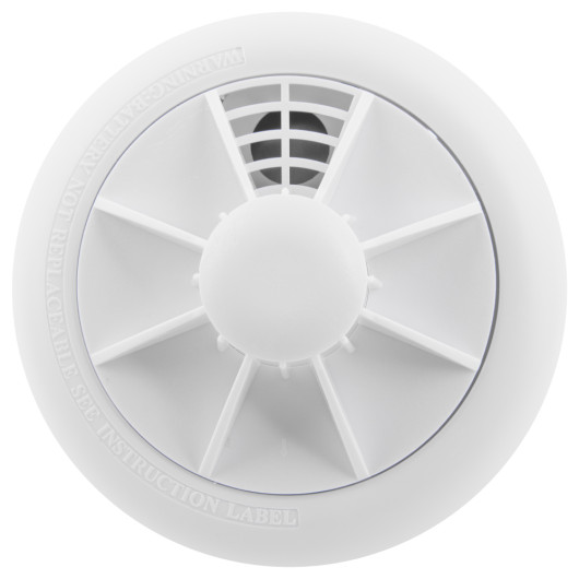 front view of the ultra fire heat alarm showing its circular design and vent details