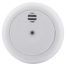 Front view of ultrafire radio interlinked 10yr battery optical smoke alarm showing its round shape and vents