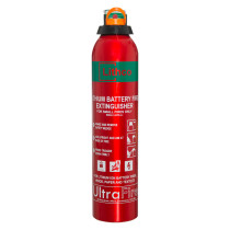 Front view of ultrafire lithium battery fire extinguisher 500ml in red with green label and usage instructions