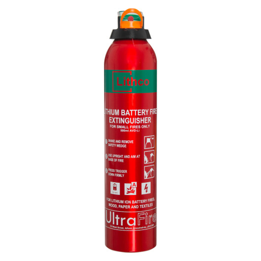 Front view of ultrafire lithium battery fire extinguisher 500ml in red with green label and usage instructions
