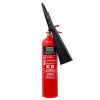 A red CO2 fire extinguisher with a black label