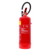A red wet-chemical fire extinguisher with a yellow label